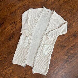 Free People Cream Knit Longline Cardigan with Fringe Trim & Pockets – Size M